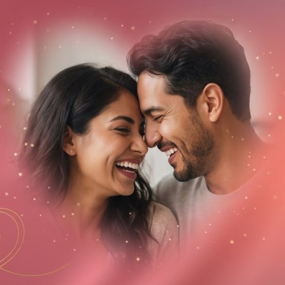 Una pareja latina riendo, frente a frente